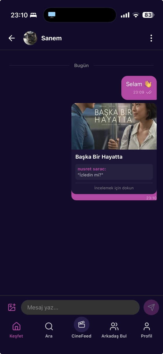 FlickCheck mesajlaşma — Sanem ile sohbet, Başka Bir Hayatta film kartı paylaşımı