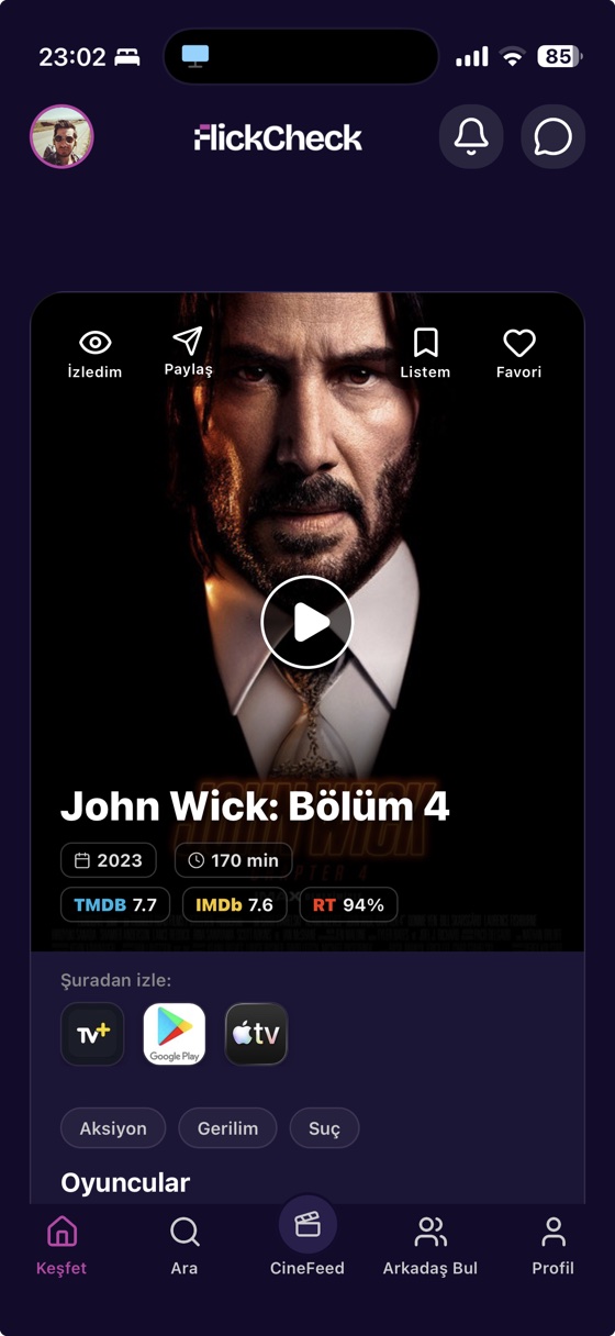 FlickCheck film kartı — John Wick: Bölüm 4, TMDB, IMDb ve RT puanları, izlenebilecek platformlar