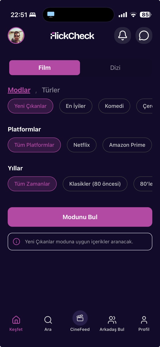 FlickCheck keşfet ekranı — mod, platform ve yıl filtreleri
