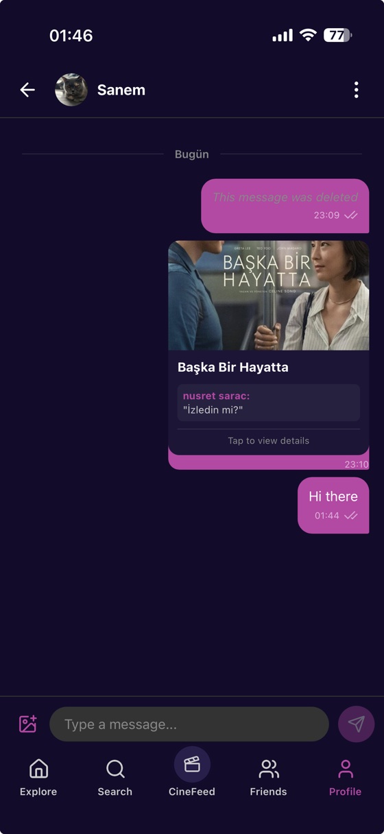 FlickCheck messaging — chat with Sanem, a Past Lives movie card share