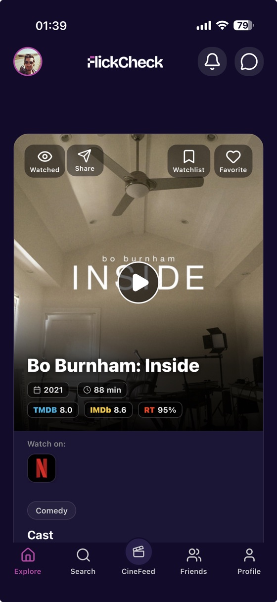 FlickCheck movie card — Bo Burnham: Inside with TMDB, IMDb and RT scores and streaming platforms