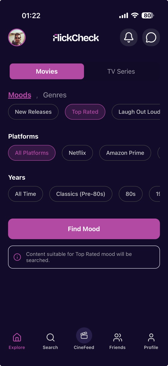 FlickCheck explore screen — mood, platform and year filters